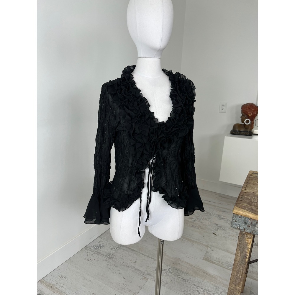 Cantarena Black Silk Blend Ruffle Tie Front Sequin Blouse Tiered Bell Sleeve M